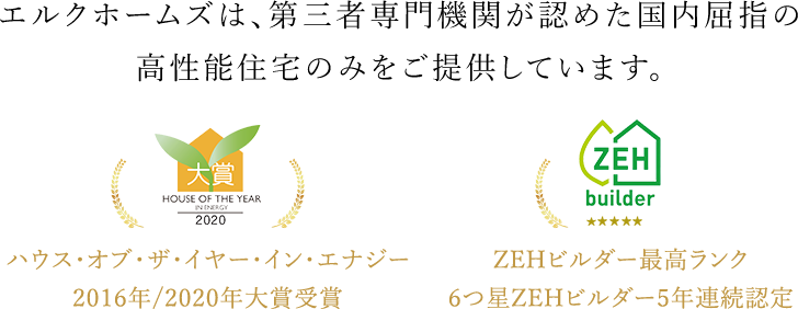 エルクホームズは、第三者専門機関が認めた国内屈指の高性能住宅のみをご提供しています。 | ハウス・オブ・ザ・イヤー・イン・エナジー 2016年/2020年大賞受賞 | ZEHビルダー最高ランク 6つ星ZEHビルダー5年連続認定