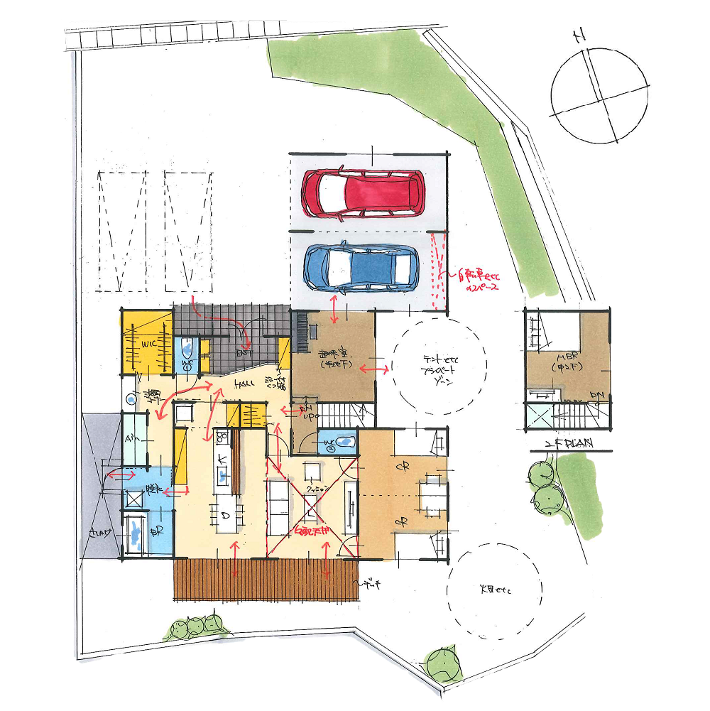 吹き抜けリビングのある、半地下に趣味室を設けた平屋風の住まい