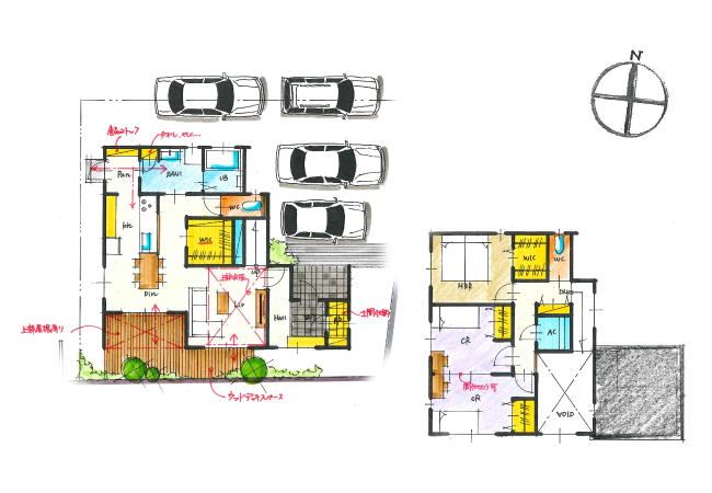 大きなウッドデッキで家族がのんびり過ごす家