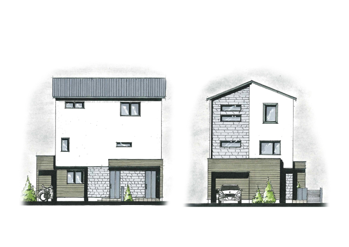 オフィスとピアノルームを備えた街中に建つ3階建ての家