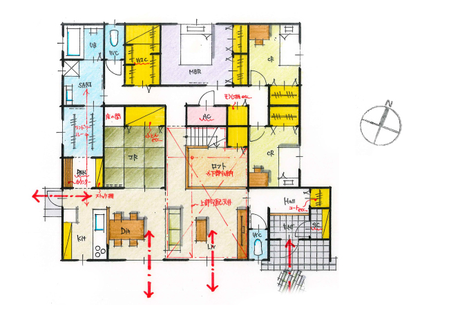 遊び心のあるリビングと家事動線が魅力の平屋