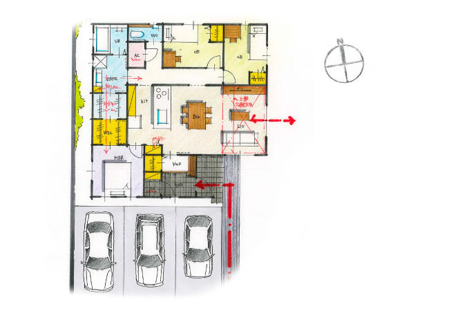 直線に配置した水回り動線が便利な平屋