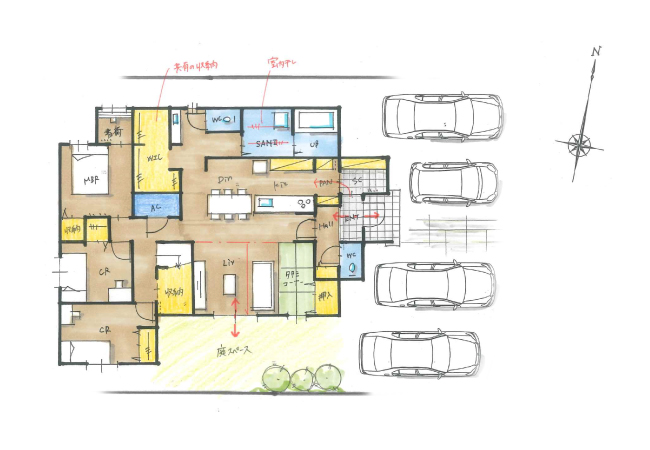 勾配天井と中二階が開放的な間取りの平屋