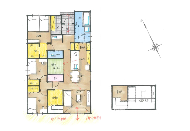中二階からリビングを眺める回遊動線のある平屋
