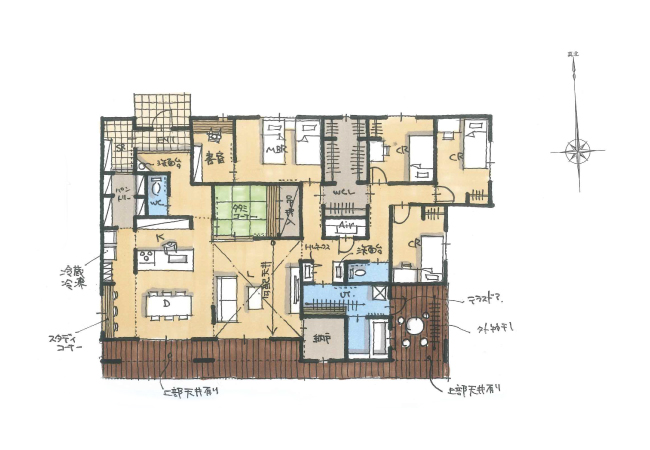 濡れ縁のような広々ウッドデッキのあるゆとりある平屋の住まい